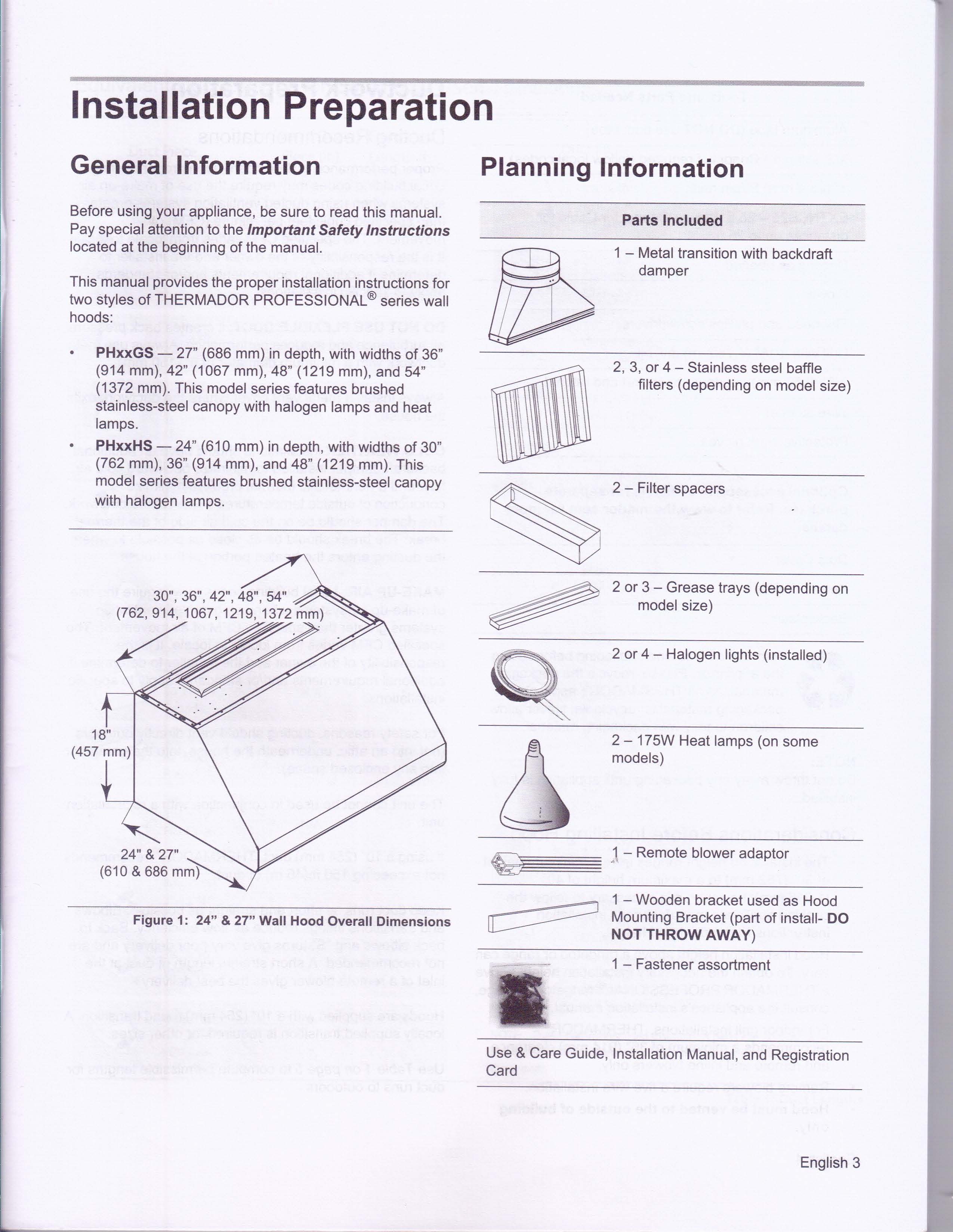 Thermador PH series kitchen hood installation manual
